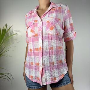 C.D. Petites Women's Plaid Short Sleeve Shirt Stretch w/ Tags PS